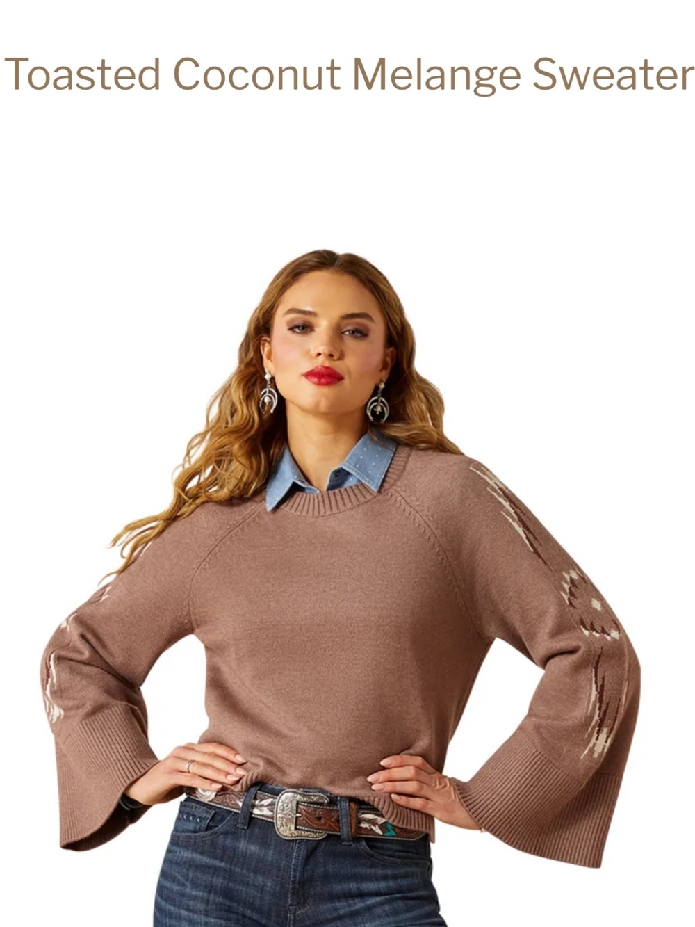 Toasted Coconut Melange Crewneck Sweater - Women's Knit Pullover Flare Sleeves
